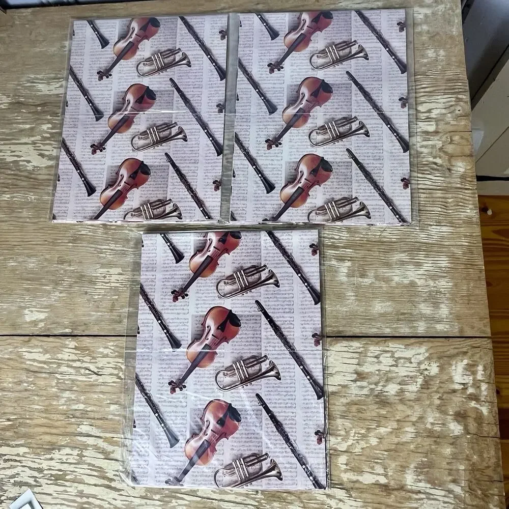 3 NOS Vintage American Greetings Music Gift Wrap Violin Trumpet Instruments